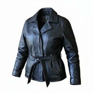 XS EXPRESS Women's Black Leather Belted Jacket + Free Leather gloves